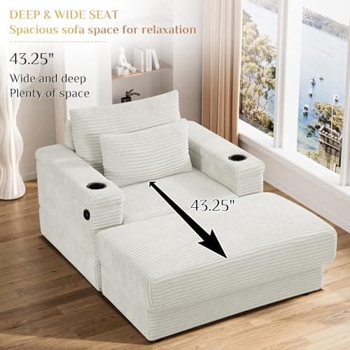 Oversized Corduroy Chaise Longue with Ottoman and USB Ports - Beige White Indoor Reclining Chair for Living Room.