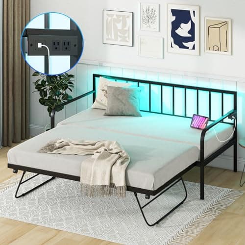 KOMFOTT Twin Metal Daybed with Pop-Up Trundle & Charging Station
