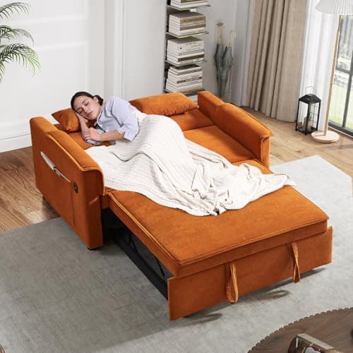 Antetek 3-in-1 Pull-Out Sofa Bed with Velvet Chaise Lounge, USB Charging, Orange