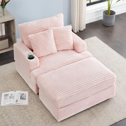 Modern Pink Corduroy Chaise Lounge Chair with Cup Holder