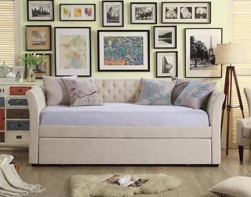 Rosevera Adrie Upholstered Twin Daybed with Tufted Button, Beige Velvet, Suitable for Living Room and Bedroom, Perfect for Guests, Elegant and Space-Saving Storage Solution