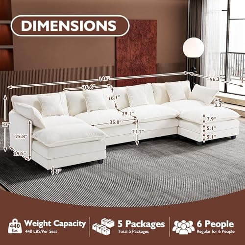 Ihanherry 6-Seat Beige Modular U-Shaped Sofa with Ottomans for Living Room