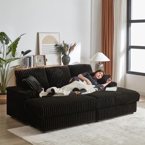 Modern Black Cloud Lounge Sofa with Storage & Cup Holders, 86-inch Deep Seat