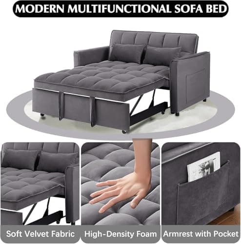 3-in-1 Velvet Sleeper Sofa Bed, Armrests, Storage & Pillows, Dark Grey