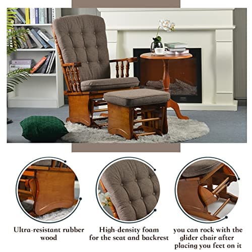 Anti-Pinch Rubber Wood Glider Chair Set with Ottoman, Antique Brown