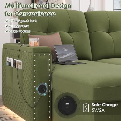 HIFIT 87 L-Shaped Sleeper Sofa Bed with Storage, LED Light, USB Port & Cupholder - Modern Green Velvet Sectional for Living Room