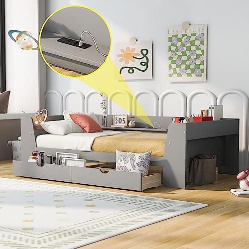 Harper & Bright Designs Gray Twin Daybed with Storage & Charging Station
