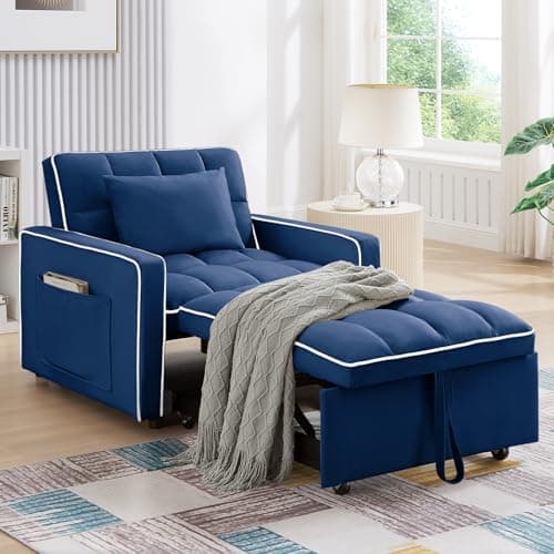 3-in-1 Convertible Velvet Sleeper Chair for Small Spaces, Apartment, and Office - Blue