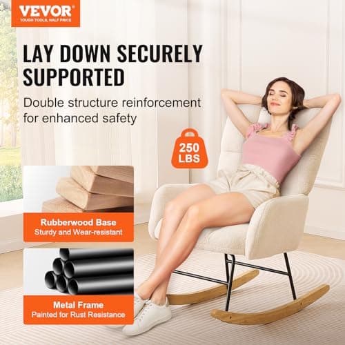VEVOR Ivory White Teddy Fabric Glider Rocking Chair, Supportive Backrest, Up to 250 lbs