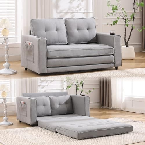 Eafurn 3-in-1 Convertible Pull-Out Sofa Bed Queen Size, Corduroy Lounge with Pillows & Storage