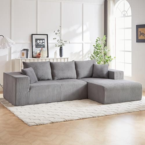 3 Seater Grey L Shaped Modular Sofa with Chaise & 5 Pillows for Living Room