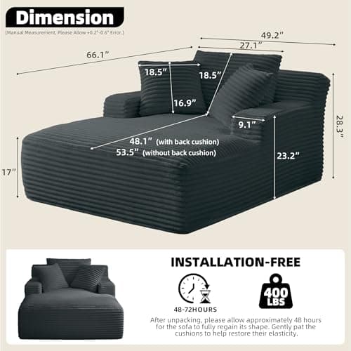 Fluffy Cloud Couch Oversized Chaise Lounge, Dark Grey, No Assembly, 400lbs Capacity