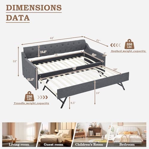 Dark Grey Linen Tufted Extendable Day Bed with Trundle & USB Ports