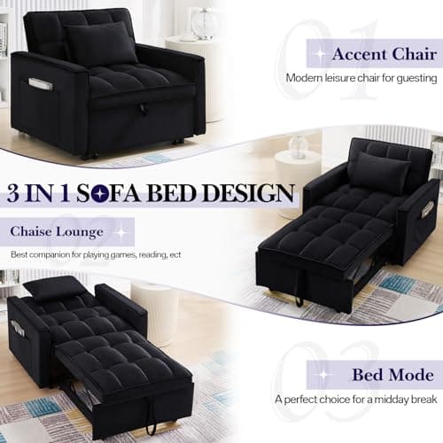 Black Modern Velvet Sleeper Sofa Chair Bed with Adjustable Backrest