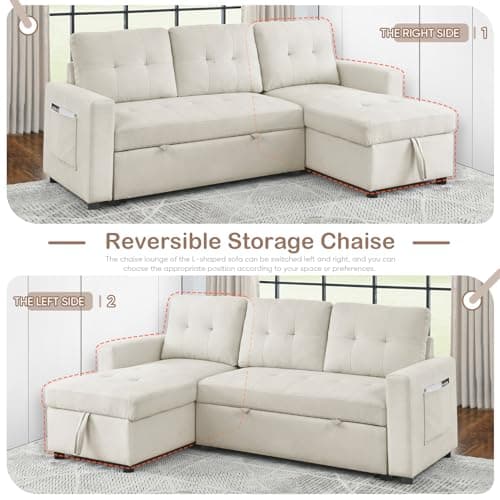 Antetek Reversible Sleeper Sectional Sofa with Storage Chaise, Beige
