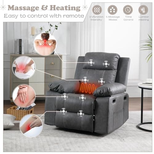 Rocking Recliner with Massage Heat, Faux Leather Nursery Chair - Grey