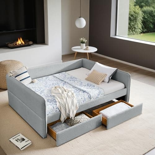 Queen Size Daybed with Storage Drawer, Upholstered in Boucle Fabric, Wood Slats Support, Beige