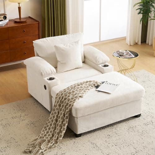 Antetek Beige Chaise Lounge Chair with Ottoman & Storage Armrest