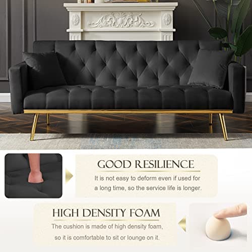 73-inch Reclining Velvet Futon Sofa Bed with 3 Angles, Black Living Room Loveseat