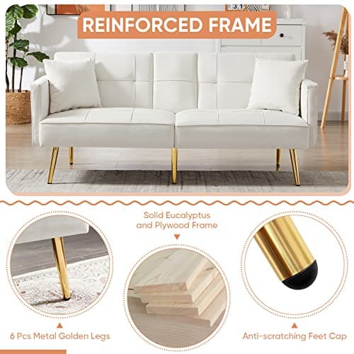 Antetek Convertible Futon Sofa Bed, 69-inch White Tufted Velvet Sleeper Couch