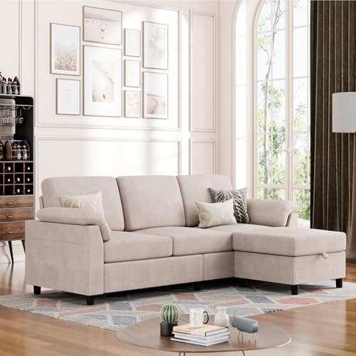 Vongrasig 3 Seat L Shaped Sofa with Removable Pillows Linen Fabric Black