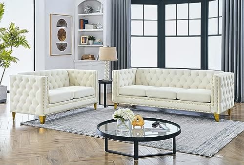 80-inch Sofa + 58-inch Loveseat Set, Modern Velvet Couch with Gold Nail Details and Black Legs
