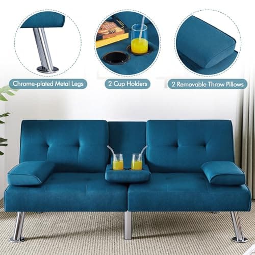 Yaheetech Aqua Blue Reversible Folding Sofa Bed with Removable Armrests