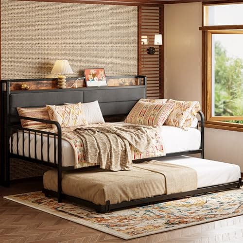 LIKIMIO Sturdy Metal Twin Bed Frame with Upholstered Headboard & Charging Station, Black