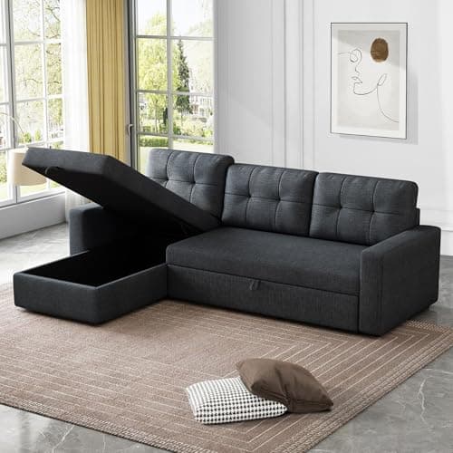Dark Grey L-Shaped Reversible Upholstered Sleeper Sectional Sofa