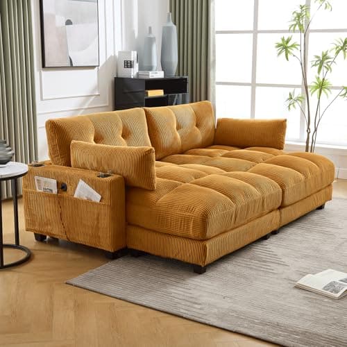 Yellow 91-inch Tufted Loveseat Sleeper Sofa with USB Ports & Cup Holders