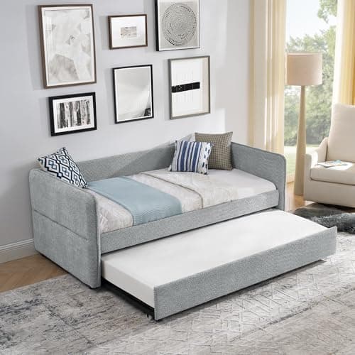 Twin Size Daybed with Trundle, Boucle Fabric, Grey, Easy Assembly