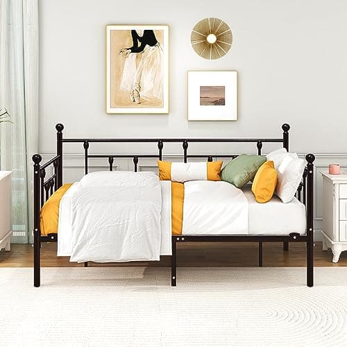 Black Metal Daybed Frame with Steel Slats, Twin Size Mattress Base