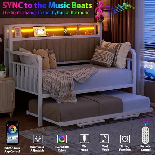 Daybed with Trundle and LED Light (White)  
Heavy Duty Metal Twin Bed Frame with Upholstered Storage Headboard (White)  
Day Bed Pop Up Trundle Bed Twin for Living Room (White)