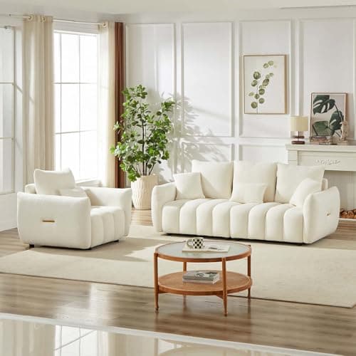 Modern Beige Teddy Sofa Set for Living Room: Deep Seat Chair and Oversized 3-Seater Couch