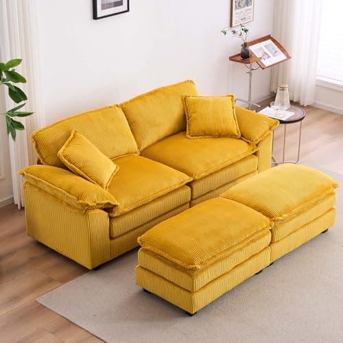 Modern Yellow Corduroy Chaise Longue with Movable Ottoman for Living Room