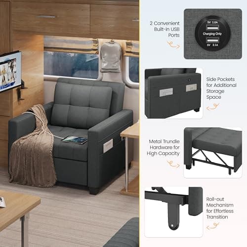 Yaheetech Dark Gray Convertible Sofa Bed with Adjustable Backrest & Charging Ports