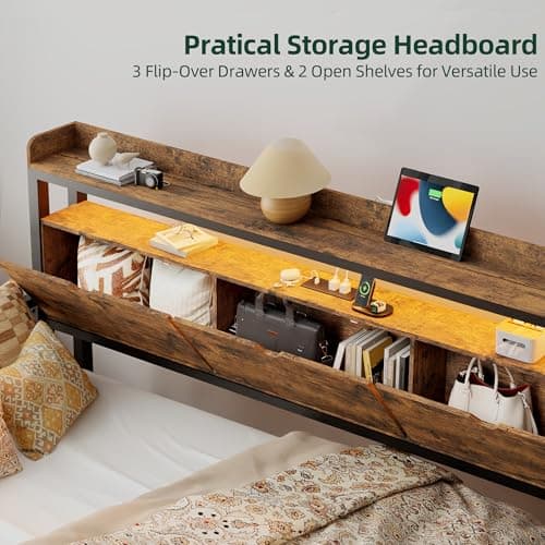 Daybed with Trundle, Twin Frame with Charging Station, LED Lights, Storage Headboard