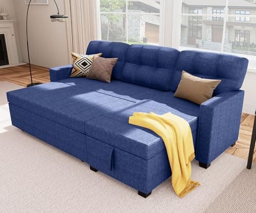 DeepGrey Linen Reversible Sectional Sleeper Couch with Storage and Pull-Out Bed