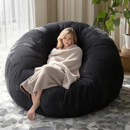 Black 7FT Adult Bean Bag Chair Cover, Stuffed Animal Storage, Comfortable for Bedroom Living Room