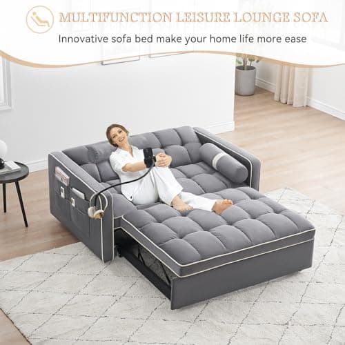 Antetek 3-in-1 Convertible Sleeper Sofa with Phone Holder - Modern Velvet Loveseat with Pullout Bed for Small Spaces, Grey