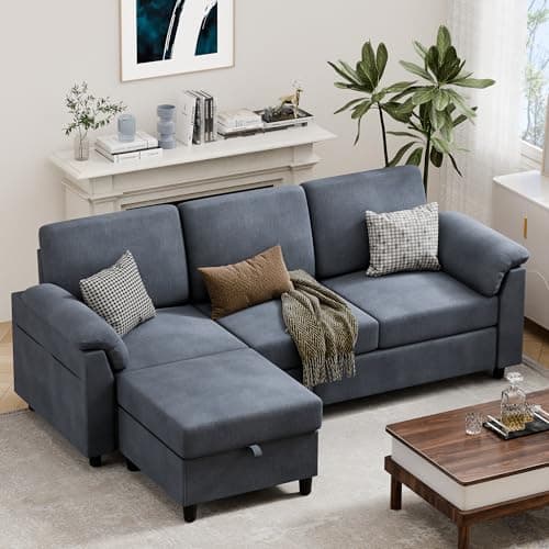 Vongrasig 79" L-Shaped Sectional with Storage Ottoman, Black Linen Fabric