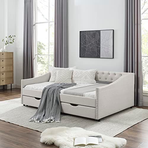 Beige Wood Twin Daybed with Storage & Button Design for Bedroom