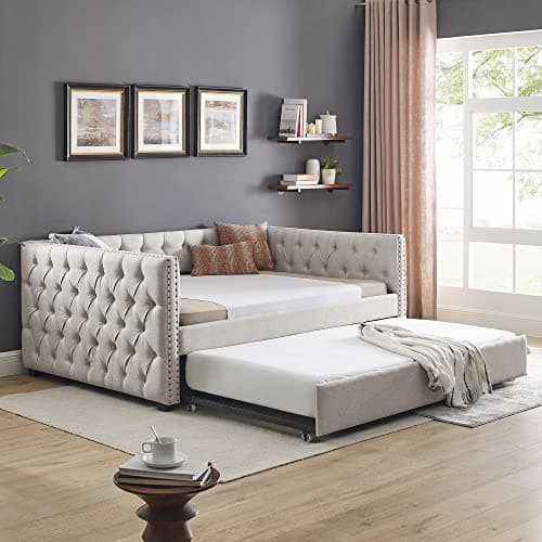 Light Grey Linen Tufted Daybed with Trundle, Modern Frame