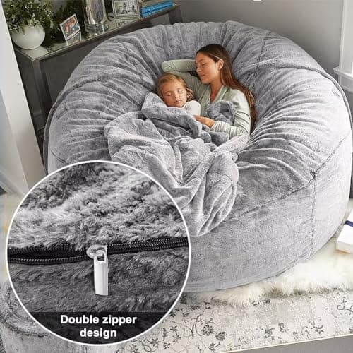 Giant Grey Bean Bag Chair for Adults and Kids, No-Fill, Stuffed Animal Storage