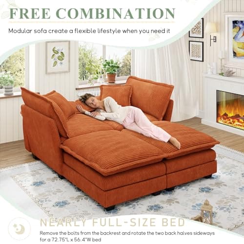 80.5-inch Modern Corduroy Chaise Sleeper Sofa, Orange