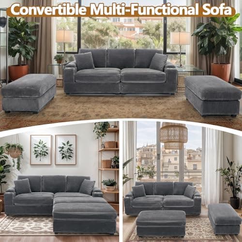 Oversized Grey Corduroy Chaise Lounge with Storage & 2 Pillows, 2 Ottomans, Cup Holder & USB Port