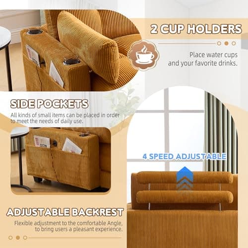 Antetek 44-inch Corduroy Tufted Chaise Lounge with USB Ports & Cup Holders, Yellow