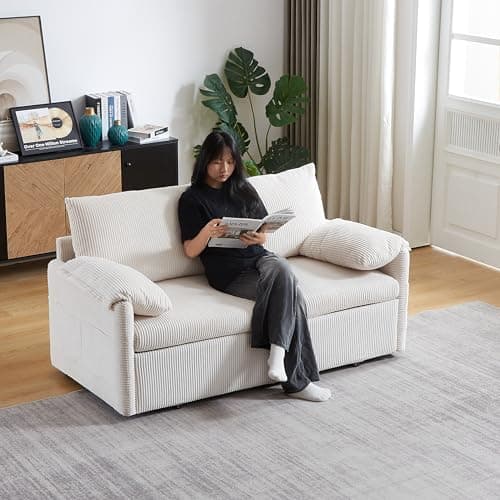 Eafurn 3-in-1 Convertible Pull-Out Sofa Bed Queen Size, Corduroy Lounge with Pillows & Storage