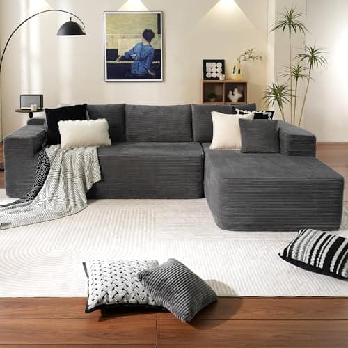 Ovios 104" L-Shape Chaise Cloud Sectional Sofa, Black (Corduroy Fabric)