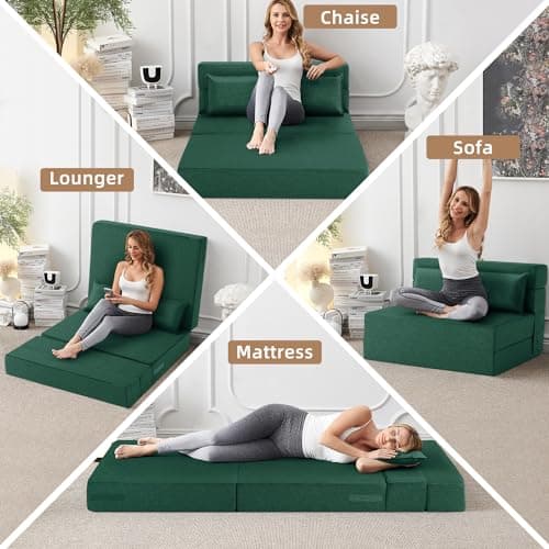 Convertible Folding Sofa Bed-Sleeper Chair for Living Room or Dorm, Full Size, Dark Green